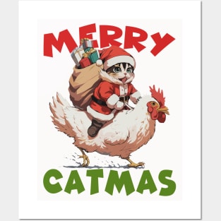 Merry Catmas - 4, Funny Cute Cat on a Chicken Posters and Art